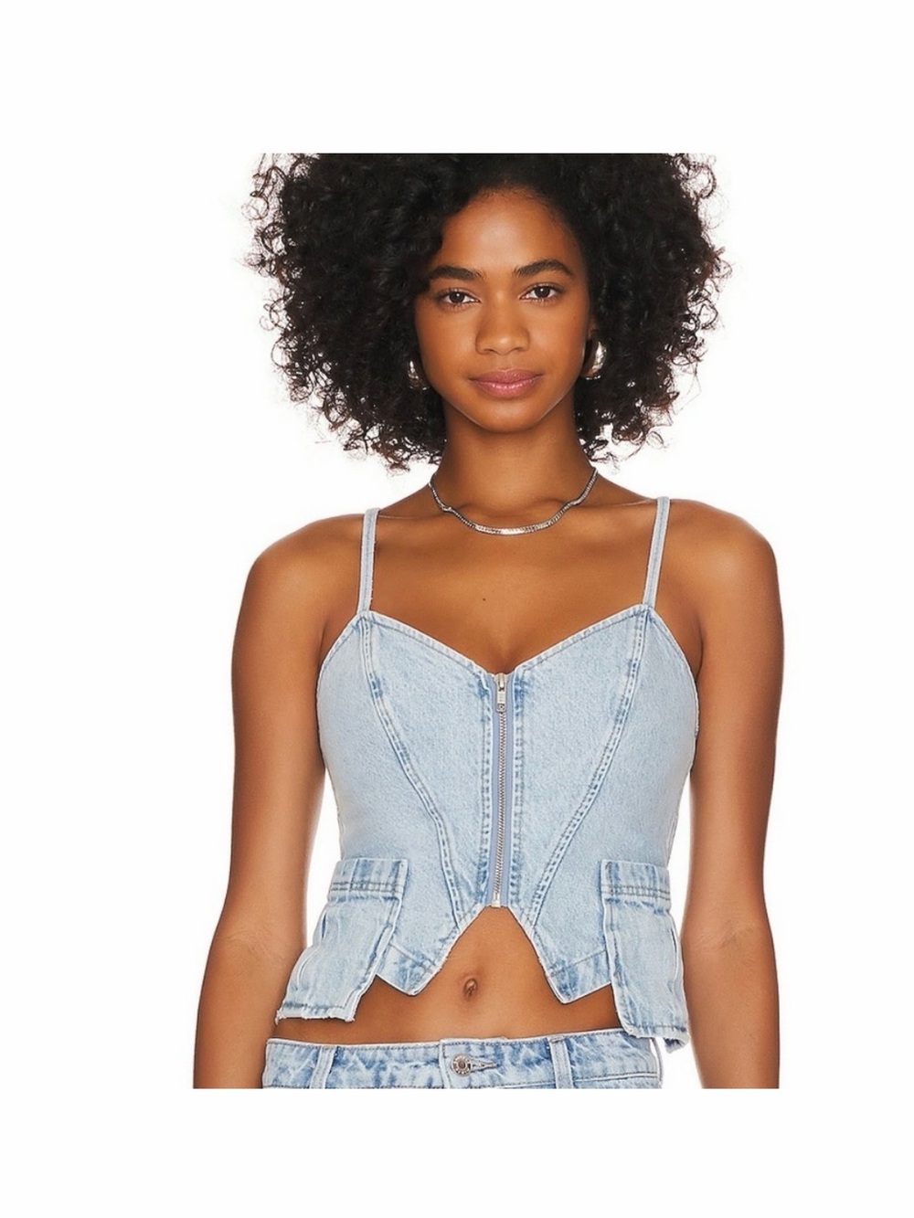 GRLFRND Light Blue Denim Corset Zip Crop Top.Small size